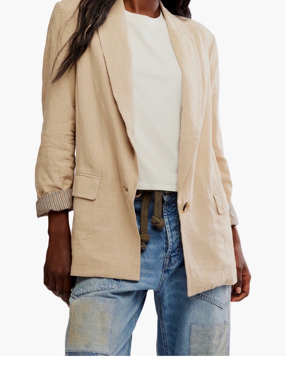 Free People Beige Linen-Blend Relaxed Blazer